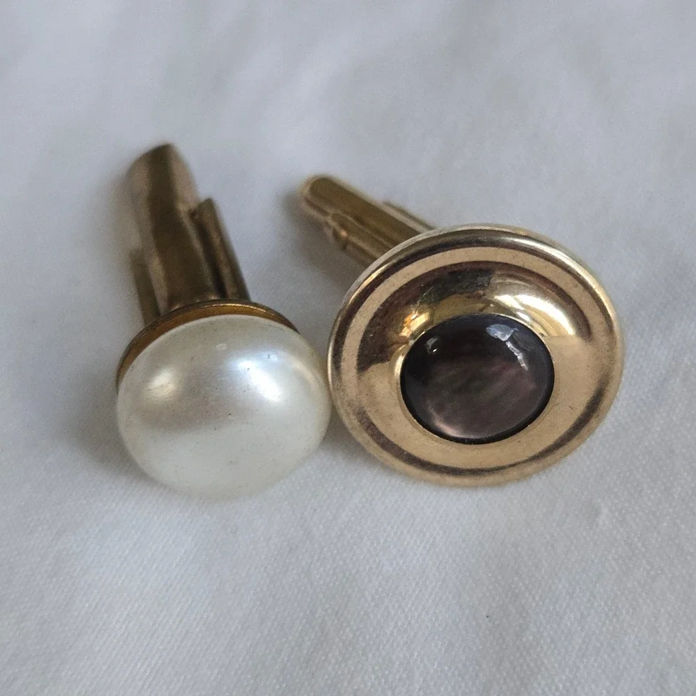 Vtg Cufflinks Gold Mismatched Pearl Stone Mens OS Formal Eclectic Pair Unbranded
